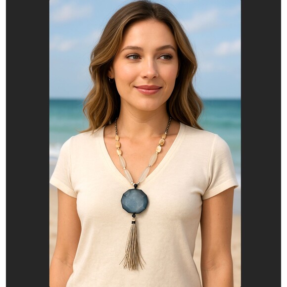 J. Jill Agate Faceted Stone Tassel Pendant Long Multi Beaded Necklace Adjustable - Picture 1 of 11